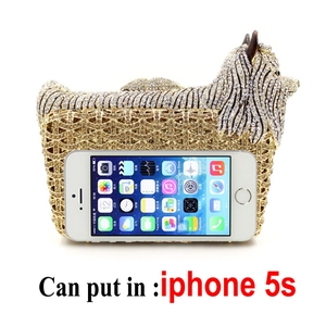 Yorkshire terrier crystal clutch bag with rhinestones, fits iPhone 5s, silver and gold
