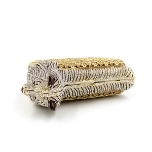 Luxury tiger shaped crystal evening clutch bag with golden hollow metal and rhinestones