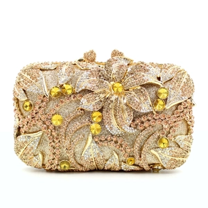 Luxurious Floral Rhinestone Evening Clutch Bag Hollow Metal Crystal Party Wedding Handbag For Women With Chain Strap