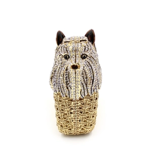 Exquisite yorkshire terrier crystal evening clutch with champagne and silver rhinestones
