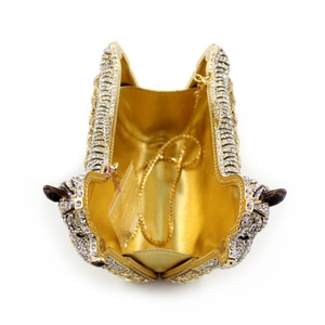 Golden leopard head crystal evening bag with rhinestone finish and chain strap