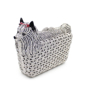 Sparkling crystal dog evening clutch bag with yorkshire terrier design and red bow accent