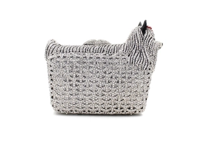 Macro detail of Yorkie dog-shaped evening clutch featuring handmade silver crystal rhinestones