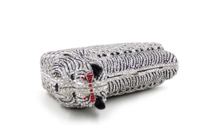 Exquisite tiger shaped evening clutch encrusted with silver, red and black sparkling crystals