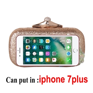 Pochette de soirée dorée à paillettes avec fermoir en cristal pour grand téléphone