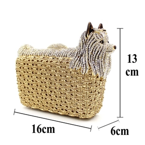 Detailed dimensions of sparkling dog crystal clutch bag with 16cm length and 13cm height