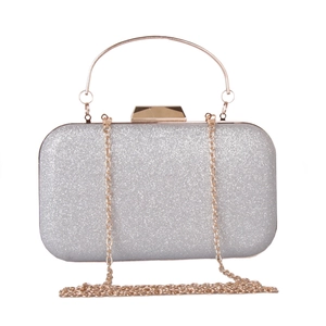 Silver sequin clutch bag with rose gold round handle and detachable chain detail