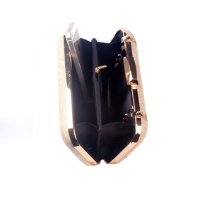 Sparkly gold evening clutch bag with metal chain showing internal phone storage space