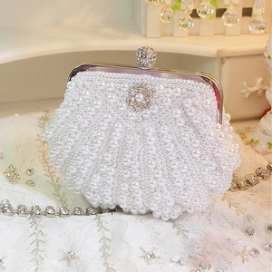 Elegant Shell Shaped Artificial Pearl Evening Bag Rhinestone Clasp Hand Beaded Wedding Clutch For Women Banquet Party Metal Chain