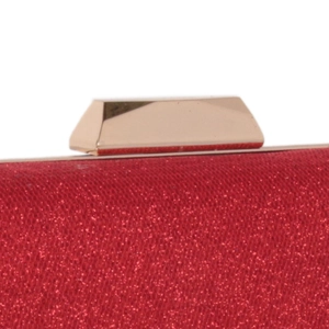Close-up of red glitter evening clutch bag featuring a gold trapezoid metal clasp buckle