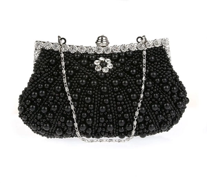 Elegante schwarze Perlen-Abendtasche mit glitzernder Strassblume und langer Kette