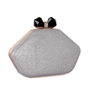 Lip-shaped glitter evening clutch bag with black gemstone bow clasp and chain strap