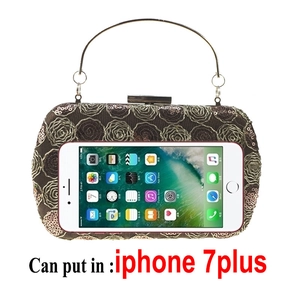 Size comparison of the rose sequin evening clutch bag next to an iPhone 7 Plus