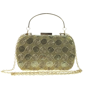 Elegant gold sequin evening clutch bag with round metal handle and chain strap
