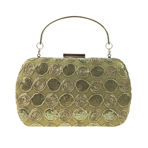 Detailed view of gold lace evening bag with sequin embroidery and metallic handle