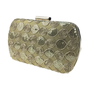 Detail of champagne gold sequin evening clutch with metallic embroidery and metal frame clasp