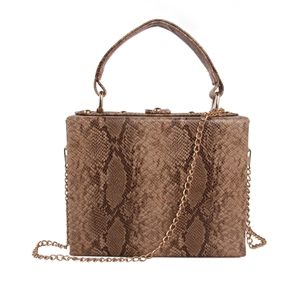 Détail du sac boîte en cuir à motif serpent marron avec une chaîne dorée chic