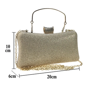 Champagne sequin clutch bag detail showing dimensions 20cm x 10cm x 6cm with metal handle