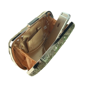 Gold sequin floral evening clutch bag with metal chain strap and spacious interior
