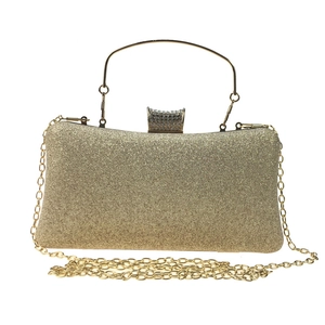 Elegant gold glitter evening clutch bag with metal handle, rhinestone clasp and chain strap