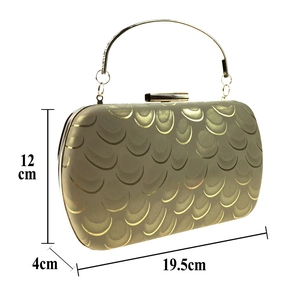Detailed view of champagne evening bag showing 19.5cm length and peacock scale texture