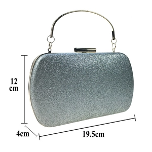 Silver glitter evening clutch bag with metal handle and dimensions 19.5 x 12 x 4 cm