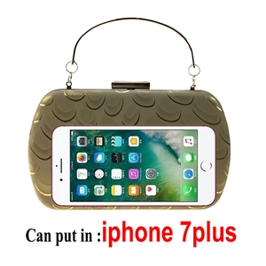 Gold scale pattern evening clutch bag with round metal handle and phone size comparison