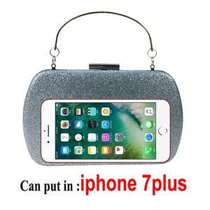Silver glitter evening clutch showing internal capacity for a smartphone