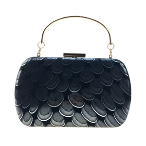 Elegant black peacock texture evening clutch with gold metal handle and chain strap