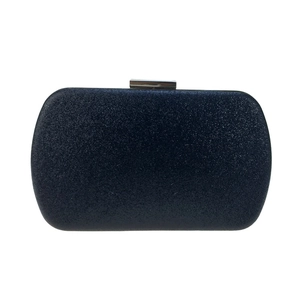 Detail of midnight blue sequin clutch bag with silver polished metal push-lock closure