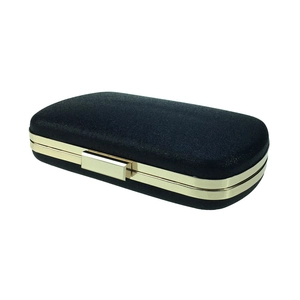 Detail view of black glitter evening clutch with gold metal frame and rectangular clasp