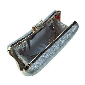 Sparkling silver glitter evening clutch bag with rhinestone clasp and gold chain strap