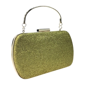 Detail of glitter gold evening clutch bag with sequins, metal handle and snap closure