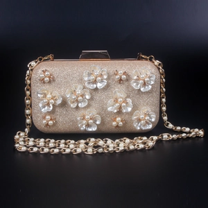 Pochette De Soirée Élégante Or Champagne Pailleté Rigide Avec Fleur De Künstliche Perle Décoration Strass Pour Femmes Mariage Fête
