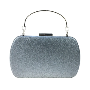 Sparkly glitter evening clutch bag with round metal handle and silver box structure