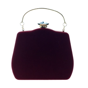 Gourd-shaped burgundy velvet evening clutch bag with gold ring handle and gemstone clasp
