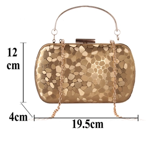 Detailed size chart of a gold evening clutch showing 19.5cm length and 12cm height