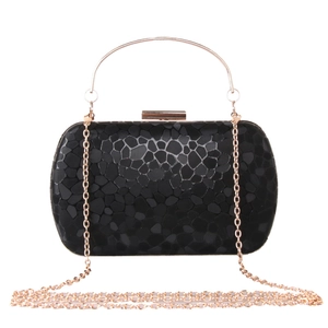 Elegant black crackle texture box clutch with gold metal handle and chain shoulder strap