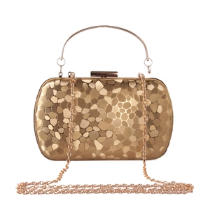 Golden evening clutch with water cube texture, metal handle and detachable chain strap