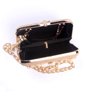 Macro view of gold shimmer evening bag interior with pearl chain and zipper pocket