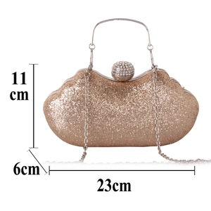 Rose gold glitter clutch bag detail showing dimensions 23cm x 11cm x 6cm and metal handle