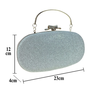 Silver glitter evening clutch with rhinestone bow clasp and metal ring handle dimensions
