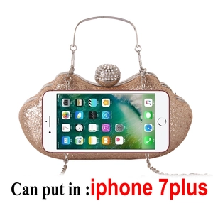 Glitter evening clutch with rhinestone clasp showing capacity for iPhone 7 Plus
