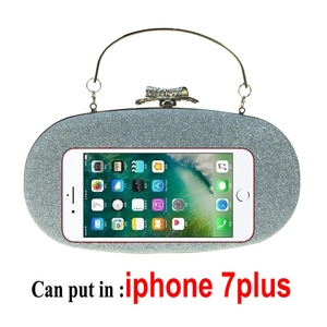 Silver sequin oval evening bag with crystal bow clasp shown next to iPhone 7 Plus