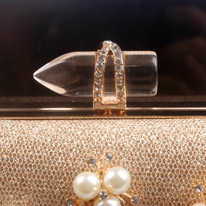 Macro shot of the acrylic clasp and rhinestone metal ring on a luxury gold clutch bag