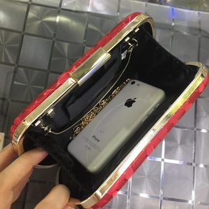 Elegant red square hardbox dinner clutch bag with chic pattern and gold chain strap