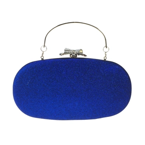 Elegant blue glitter oval evening clutch bag with gold handle and rhinestone bow clasp