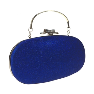 Detail of royal blue oval evening bag with glitter finish and rhinestone bow clasp