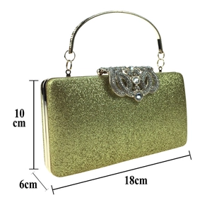 Golden sequin evening clutch bag dimensions 18x10x6cm with crystal clasp and metal handle