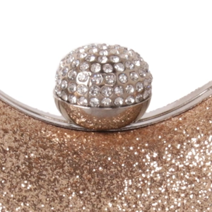 Elegant champagne glitter evening clutch bag with crystal-encrusted sphere clasp